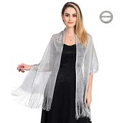 TOEECY Scialle Stola Metallici Scintillanti Donna Leggera Glitter Sciarpa con Fibbia a Scialle Elegante Foulard con Frangia per Cerimonia Matrimoni Nozze Festival (Argento)