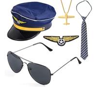 TOEECY Set Accessori Costume Capitano Pilota Uomo Cappello da Pilota, Distintivo, Cravatta, Cinghie, Occhiali Sole perfetto per Feste Maschera e Cosplay Uomini Adulti