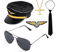 TOEECY Set Accessori Costume Capitano Pilota Uomo Cappello da Pilota, Distintivo, Cravatta, Cinghie, Occhiali Sole perfetto per Feste Maschera e Cosplay Uomini Adulti