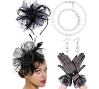 TOEECY Set Elegante Cerchietto Piuma Tulle Mesh Fiore Ornamento Capelli Collana Perle Bracciale Orecchini Guanti Rete Pizzo Accessori Cerimonia Matrimonio