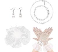 TOEECY Set Elegante Cerchietto Piuma Tulle Mesh Fiore Ornamento Capelli Collana Perle Bracciale Orecchini Guanti Rete Pizzo Accessori Cerimonia Matrimonio