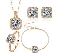 TOEECY Set Gioielli Quadrati Cristallo Brillante Collana Orecchini Bracciale Anello Elegante Argento