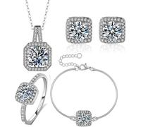 TOEECY Set Gioielli Quadrati Cristallo Brillante Collana Orecchini Bracciale Anello Elegante Argento