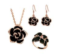 TOEECY Set Gioielli Rosa Nera Collana Orecchini Anello Cristalli Brillanti Elegante Parure Donna Fiore