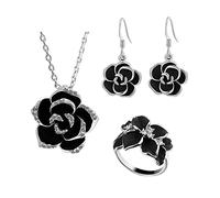 TOEECY Set Gioielli Rosa Nera Collana Orecchini Anello Cristalli Brillanti Elegante Parure Donna Fiore