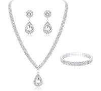 TOEECY Set Gioielli Sposa Goccia Zirconia Collana Orecchini Bracciale Cristallo Elegante Cerimonia Matrimonio Argento Brillante