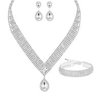 TOEECY Set Gioielli Sposa Goccia Zirconia Collana Orecchini Bracciale Cristallo Elegante Cerimonia Matrimonio Argento Brillante
