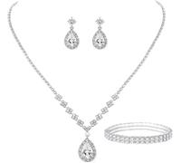 TOEECY Set Gioielli Sposa Goccia Zirconia Collana Orecchini Bracciale Cristallo Elegante Cerimonia Matrimonio Argento Brillante