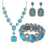 TOEECY Set Gioielli Turchese Geometrico Collana Bracciale Orecchini Combinazione Elegante Stile Vintage Argento Antico Decorazione Femminile