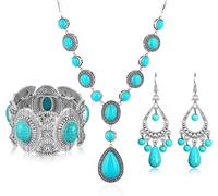 TOEECY Set Gioielli Turchese Geometrico Collana Bracciale Orecchini Combinazione Elegante Stile Vintage Argento Antico Decorazione Femminile