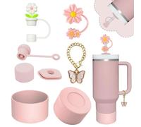 TOEECY Stanley Cup Accessori 5 Pezzi Set Tappi in Silicone a Prova di Perdite Custodia Coperchi Paglia Floreale con Farfalle Ciondolo per 40 30 Once Tumbler Coppe Non Incluse (Rosa)