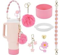 TOEECY Stanley Cup Accessori 7 Pezzi Set Incluse Manico Bottiglia d'Acqua Coperture Cannuccia Custodia in Silicone Portachiavi a Margherita per 30 oz 40 oz Tumbler Coppe Non Incluse (Rosa)