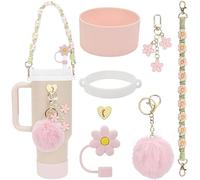 TOEECY Stanley Cup Accessori 7 Pezzi Set Incluse Manico Bottiglia d'Acqua Coperture Cannuccia Custodia in Silicone Portachiavi a Margherita per 30 oz 40 oz Tumbler Coppe Non Incluse (Rosa chiaro)