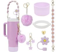 TOEECY Stanley Cup Accessori 7 Pezzi Set Incluse Manico Bottiglia d'Acqua Coperture Cannuccia Custodia in Silicone Portachiavi a Margherita per 30 oz 40 oz Tumbler Coppe Non Incluse (Viola)