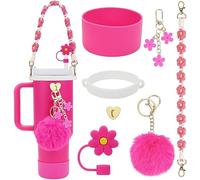 TOEECY Stanley Cup Accessori 7 Pezzi Set Incluse Manico Bottiglia d'Acqua Coperture Cannuccia Custodia in Silicone Portachiavi a Margherita per 30 oz 40 oz Tumbler Coppe Non Incluse (Rosa scuro)