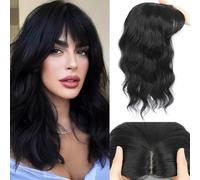 TOEECY Topper Capelli Veri Donna Ondulato Extension Capelli Naturali Frangetta Capelli Veri Clip Per Look Elegante e Quotidiano (Nero)