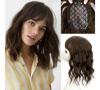 TOEECY Topper Capelli Veri Donna Ondulato Extension Capelli Naturali Frangetta Capelli Veri Clip Per Look Elegante e Quotidiano (Marrone)