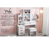 Toeletta Bianca Specchio Luce Led Touch Sgabello Postazione Trucco Camera