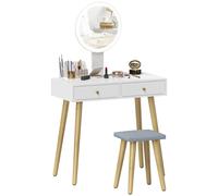 Toeletta con luci a LED regolabili a specchio rotondo e sgabello imbottito con 2 cassetti e organizer per il trucco bianco