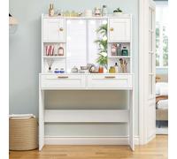 Toeletta con Luci, Luminosità Regolabile, Tavolo da Trucco con Specchio e 2 Cassetti, 2 Armadi e 2 Ripiani, Postazione Trucco, Moderno, Bianco [Stili moderno] la tavolo da trucco è il regalo ideale pe