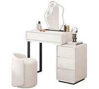 Toeletta con specchio a LED con contenitore, in legno massello, set di 4 cassetti e sgabello imbottito, per camera da letto e studio (bianco, 70 cm)