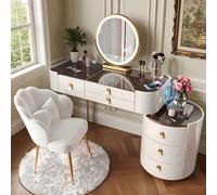 Toeletta con specchio e luci, scrivania per trucco con audio Bluetooth, ricarica wireless, cassetti e sedia