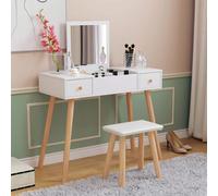 Toeletta con specchio pieghevole e sgabello, toeletta con 2 cassetti 5 scomparti portaoggetti, stile scandinavo, bianco Alta qualità: la toletta è realizzata in MDF e truciolato di qualità E1, ha elev