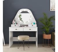 Toeletta da trucco con specchio a luci a led con doppio ripiano e 4 cassetti bia