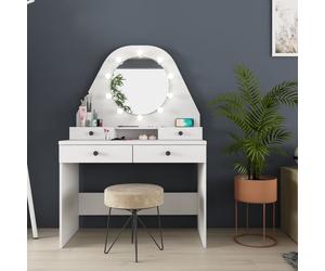 Toeletta da trucco con specchio a luci a led con doppio ripiano e 4 cassetti bia