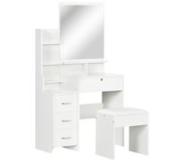 Toeletta da Trucco con Specchio Tavolocon Sgabello 4 Cassetti e 4 Ripiani in Legno e Vetro Bianco