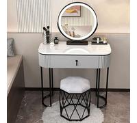 Toeletta in legno con illuminazione a LED, specchio, cassetti e mensole, include sgabello imbottito per donne e ragazze