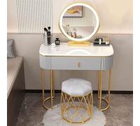 Toeletta in legno con illuminazione a LED, specchio, cassetti e mensole, include sgabello imbottito per donne e ragazze