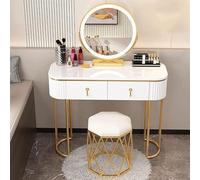 Toeletta in legno con illuminazione a LED, specchio, cassetti e mensole, include sgabello imbottito per donne e ragazze