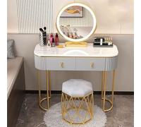 Toeletta in legno con illuminazione a LED, specchio, cassetti e mensole, include sgabello imbottito per donne e ragazze