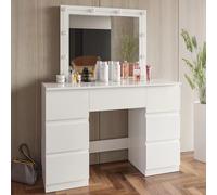 Toeletta Tavolino Da Trucco Tavolo Con 10 Luci LED Luminosità Regolabile Specchio Orizzontale Con 7 Cassetti Postazione Make Up In Legno Design Moderno 39.5 x 110 x 140.5 Cm Bianco