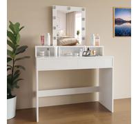 Toeletta Tavolino Da Trucco Tavolo Con 9 Luci LED Con Luminosità Regolabile Specchio Verticale 2 Cassetti 3 Scomparti A Giorno Postazione Make Up In Legno Design Moderno 40 x 100 x 145 Cm Bianco