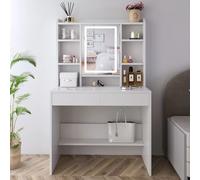 Toeletta Tavolino Da Trucco Tavolo Con Luce LED Luminosità E Tonalità Regolabile Specchio 2 Cassetti 7 Scomparti A Giorno Mensole Regolabili Postazione Make Up In Legno 40 x 90 x 145 Cm Bianco