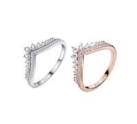 TOFBS 2 Anelli Forma V Corona Argento S925 Zirconi Brillanti Gioielli Donna Eleganti Diadema Principessa Cristalli Scintillanti