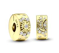 TOFBS 2 Pezzi Charm Donna Sole Luna Stella Argento Sterling 925 Zirconia Cubica Clip Ciondolo Compatibile Bracciale Pendenti Regalo Compleanno Festa Bambine Mamma (Oro#1)