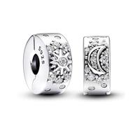 TOFBS 2 Pezzi Charm Donna Sole Luna Stella Argento Sterling 925 Zirconia Cubica Clip Ciondolo Compatibile Bracciale Pendenti Regalo Compleanno Festa Bambine Mamma (Argento)