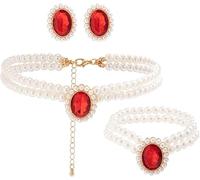 TOFBS 3 Pezzi Collana di Perle Set Ciondolo di Smeraldo Collana e Orecchini Bracciali Set Collane Perle di Plastica Gioielli per Sposa San Valentino Regali Rosso