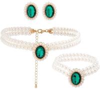 TOFBS 3 Pezzi Collana di Perle Set Ciondolo di Smeraldo Collana e Orecchini Bracciali Set Collane Perle di Plastica Gioielli per Sposa San Valentino Regali verde