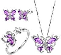 TOFBS 3 Pezzi Set Gioielli Farfalla Cristallo Viola Collana Orecchini Anello Argento Parure Donna Elegante Gioielleria Matrimonio Cerimonia