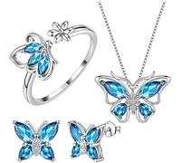 TOFBS 3 Pezzi Set Gioielli Farfalla Cristallo Viola Collana Orecchini Anello Argento Parure Donna Elegante Gioielleria Matrimonio Cerimonia