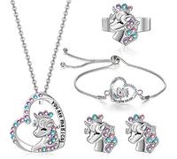 TOFBS 5 Pezzi Set Gioielli Unicorno Cuore Collana Bracciale Anello Orecchini Cristalli Colorati Accessori Bambina Ragazza Compleanno Festa