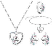 TOFBS 5 Pezzi Set Gioielli Unicorno Cuore Collana Bracciale Anello Orecchini Cristalli Colorati Accessori Bambina Ragazza Compleanno Festa