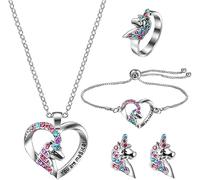 TOFBS 5 Pezzi Set Gioielli Unicorno Cuore Collana Bracciale Anello Orecchini Cristalli Colorati Accessori Bambina Ragazza Compleanno Festa