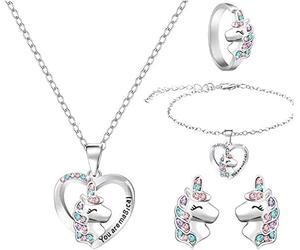 TOFBS 5 Pezzi Set Gioielli Unicorno Cuore Collana Bracciale Anello Orecchini Cristalli Colorati Accessori Bambina Ragazza Compleanno Festa