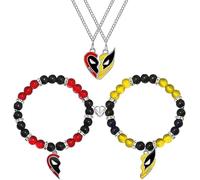 TOFBS 6 Pezzi Set Gioielli Supereroi Collane Cuore Divisibile Bracciali Perline Portachiavi Maschere Amicizia Coppia Ciondoli Abbinati Rosso Giallo Nero