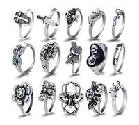 TOFBS Anelli Set Vintage Argento Gotico Punk per Uomo Donna Knuckle Anello Accatastabili Anelli Boho Y2K Emo Farfalla Serpente Teschio Cuore Fiore Chunky Rings Set (15 Pezzi)
